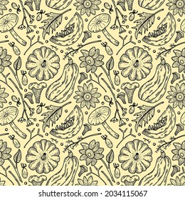 Autumn seamless pattern with pumpkins, mushrooms, fall leaves and sunflowers on yellow. Vector fall background.  