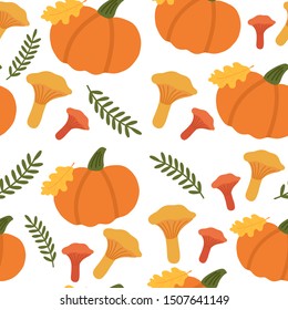 Autumn seamless pattern. Pumpkins, oak leaves and mushrooms. Flat vector illustration. Good for autumn decor.