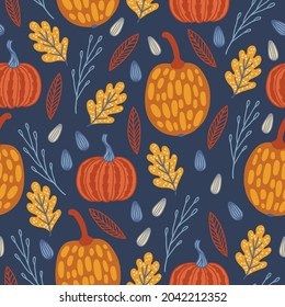 Autumn seamless pattern with pumpkins, oak leaves, seeds on dark blue background. Perfect for wallpaper, wrapping paper, fabric, seasonal holidays, Thanksgiving Day. Hand drawn vector illustration