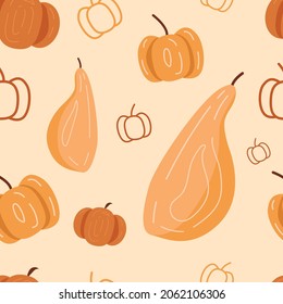 Autumn seamless pattern with pumpkins. Orange, brown and gold colors on beige background.