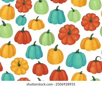 Autumn seamless pattern with pumpkins. Orange, yellow, green and blue pumpkin and squash. October, fall, harvest time. Autumn vegetables. White background.	