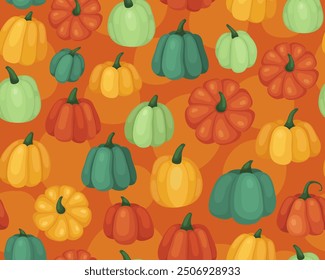 Autumn seamless pattern with pumpkins. Orange, yellow and green pumpkin and squash. October, fall, harvest time. Autumn vegetables. Orange background.	