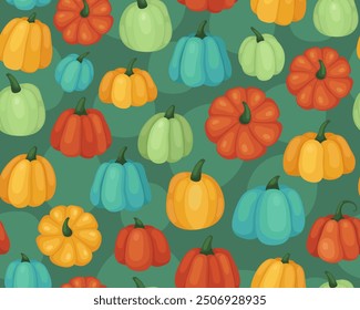 Autumn seamless pattern with pumpkins. Orange, yellow, green and blue pumpkin and squash. October, fall, harvest time. Autumn vegetables. Green background.	