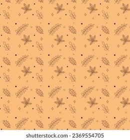 Autumn seamless pattern with pumpkins, plants, leaves.