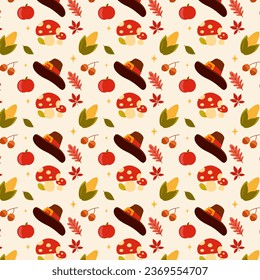 Autumn seamless pattern with pumpkins, plants, leaves. Thanksgiving Day
