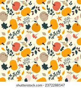 Autumn seamless pattern with pumpkins, plants and leaves