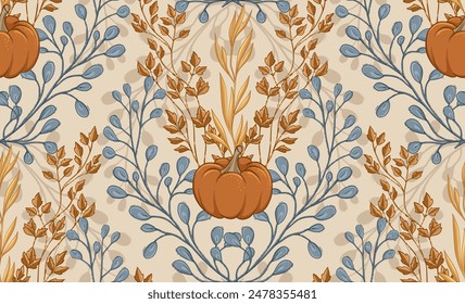 Patrón sin costuras de otoño con calabazas, plantas y avena, cosecha. Ilustración dibujada a mano, diseño para tela y Fondo de pantalla.