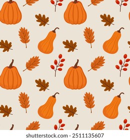 Autumn seamless pattern with pumpkins, plants, leaves on light background Illustration for wallpaper, wrapping paper, fabric, seasonal holidays Vector style