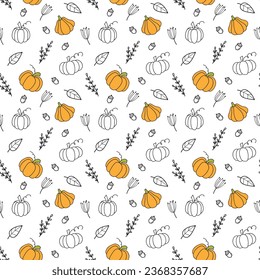 Autumn seamless pattern with pumpkins. Pumpkin of different shapes and colors. Thanksgiving design. Pattern for fabric, packaging, cards, wrapping paper. Vector illustration