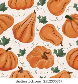 autumn seamless pattern with pumpkins of round long and convex shape of orange color and pumpkin leaves on a light background, vector