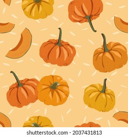 Herbstnahtloses Muster mit Kürbissen. Trendy abstraktes Design. Handgezeichnete Texturen für den Druck auf Stoff, Papier, Deckel, Inneneinrichtung, Plakate.