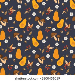 Autumn seamless pattern with pumpkins, wild mushrooms, and berries. Cozy fall harvest pumpkin and botanical foliage repeat pattern on navy blue.

An elegant and cozy Autumn seamless repeat pattern featuring golden pumpkins, butternut squash, rustic brown wild mushrooms, and red berries on stems. This beautiful botanical harvest vector illustration includes small acorns and white wildflowers scattered gracefully on a premium deep navy blue background. Perfect for Thanksgiving dinner decorations, autumn-themed textiles, classy gift wrapping paper, home decor fabric, wallpapers, and elegant holiday stationery.