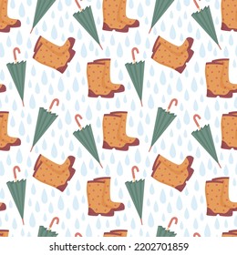 Autumn seamless pattern with rain drops, rubber boots and umbrellas. Fall background for scrapbooking, wrapping paper, fabric, textile.