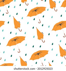 Patrón ininterrumpido de otoño con lluvia y paraguas. Ilustración vectorial.