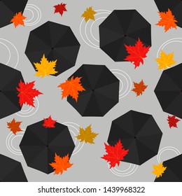 Autumn seamless pattern with rain umbrellas and leaves. Vector illustration