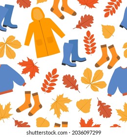 Patrón sin fisuras de otoño. Abrigo, suéter, botas de goma, medias y hojas que caen sobre fondo blanco. Fondo de la temporada de otoño. Ilustración del vector 