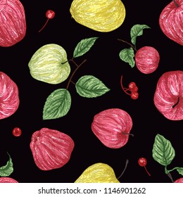 Autumn seamless pattern with red apples. Realistic vector illustration plant. Fruit, leaf, branch of tree on white background. For kitchen design, food packaging. Vintage.