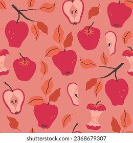 Autumn seamless pattern with red apples. Vector graphics.