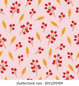 Autumn seamless pattern with red berries and leaves on pink background. Perfect for wallpaper, wrapping paper, fabric, seasonal holidays. Hand drawn vector illustration