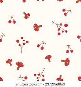 Autumn seamless pattern with red berry branch, cherry and mushroom on white background vector illustration.