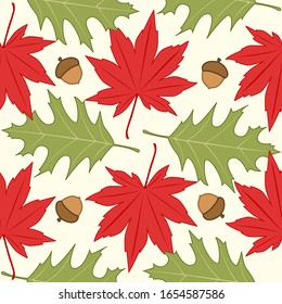 Otoño patrón sin fisuras con hojas de arce rojas y verdes. Fondo vectorial estacional