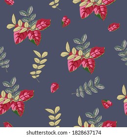 Autumn seamless pattern with red and green leaves on dark background. Flower background for textile, cover, wallpaper, gift packaging, printing.Romantic design for calico, silk.