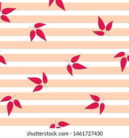 Autumn seamless pattern with red leaves on striped colorful background. Vector illustration for fabric, textile wallpaper, posters, gift wrapping paper. Floral vector illustration. Doodle style.