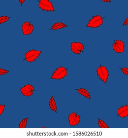 Autumn seamless pattern with red leaves on classic blue background. Floral vector illustration for fabric, textile, wallpaper, posters, paper. Doodle style. Hand drow design.