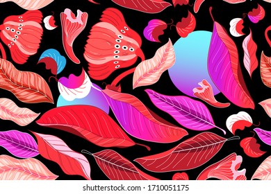 Otoño patrón sin fisuras con hojas rojas en un fondo oscuro. Plantilla para el diseño de papel tapiz o tejido