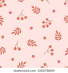 Autumn seamless pattern with red leaves and berries. Fall, nature or rowan theme background. Hand drawn vector illustration on pink pastel background. 