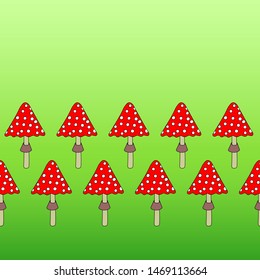 Autumn seamless pattern with red mushrooms on colorful gradient background. Vector illustration for fabric, textile, wallpaper, posters, gift wrapping paper, pajamas. Print for children. Doodle style.
