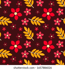 Autumn seamless pattern of red and orange flowers and leaves.