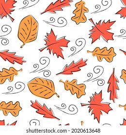 Autumn seamless pattern. Red, orange leaves and wind. Colorful doodle illustration. Hand drawn style. Vector design