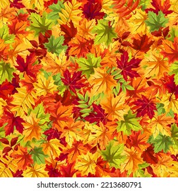 Herbstnahtloses Muster mit roten, orangefarbenen, gelben und grünen Herbstblättern. Vektorgrafik