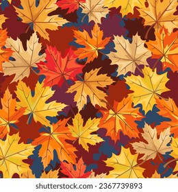Autumn seamless pattern with red, orange, beige, yellow, and brown maple leaves on blue. Vector autumn print