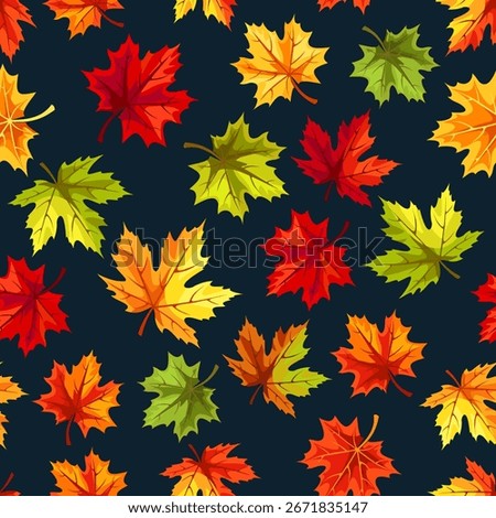 Autumn seamless pattern with red, orange, yellow, and green maple leaves on a dark blue background. Vector fall print. Hand-drawn illustration, not AI