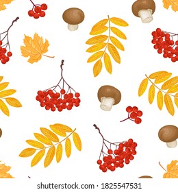 Patrón ininterrumpido de otoño con bayas rojas, hojas de arce amarillas y champiñones sobre un fondo blanco. Ilustración vectorial en estilo plano de caricatura.