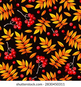 Autumn seamless pattern with red rowan berries and orange rowan leaves on a black background. Vector fall print. Hand-drawn illustration, not AI