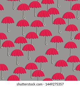 Autumn seamless pattern with red umbrellas on grey background. Vector illustration for fabric, textile, wallpaper, posters, gift wrapping paper, napkin, pajamas. Print for children.