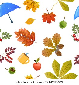 Autumn seamless pattern with red and yellow leaves, umbrella, mug on white background. Fabric pattern. Vector cartoon seamless background. Cute autumn design.