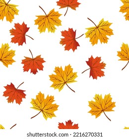 Autumn seamless pattern with red and yellow maple leaves on white background. Fabric pattern. Vector cartoon seamless background. Cute autumn design.