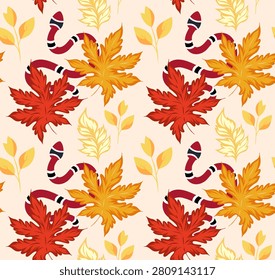 Autumn seamless pattern with red and yellow leaves and colorful snake. Vector. Great for fall fabric, seasonal wallpaper.