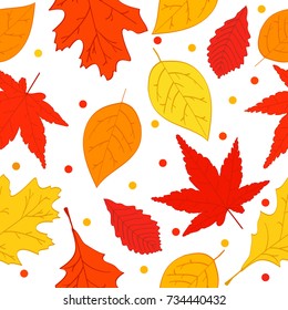 Autumn seamless pattern the red and yellow maple leaves which have fallen down from trees. Fall an ornament for fabrics and a background for the websites and mobile applications. Flat style 