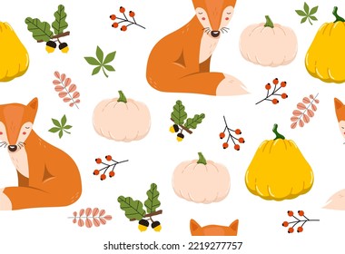 Autumn seamless pattern. Repeating design element for printing on fabric. Symbols of autumn season, fox and vegetables, harvest. Poster or banner for website. Cartoon flat vector illustration