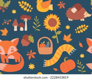 Autumn seamless pattern. Repeating design element for printing on fabric. Chanterelle with mushrooms and scarf. Forest dweller, flora and fauna. Poster or banner. Cartoon flat vector illustration