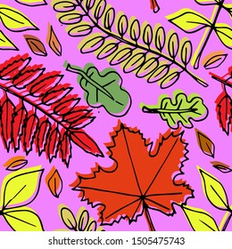 Autumn seamless pattern. Repetition texture of yellow and red leaves of different trees. Vector illustration.