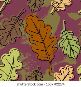Autumn seamless pattern. Repetition texture of leaves of the oak tree. Vector illustration.