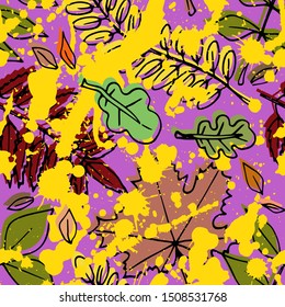 Autumn seamless pattern. Repetition texture of yellow and red leaves of different trees. Vector illustration.
