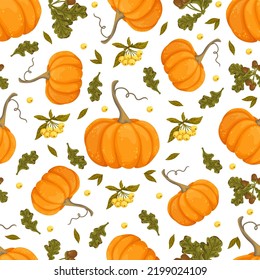 Autumn seamless pattern with ripe juicy pumpkins, oak leaves and acorns, berries.Vector background.