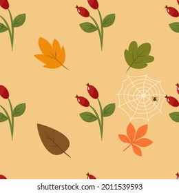 Autumn seamless pattern with rosehip berries and leaves. Vector illustration on a yellow background. For design, decorative printing on paper or fabric